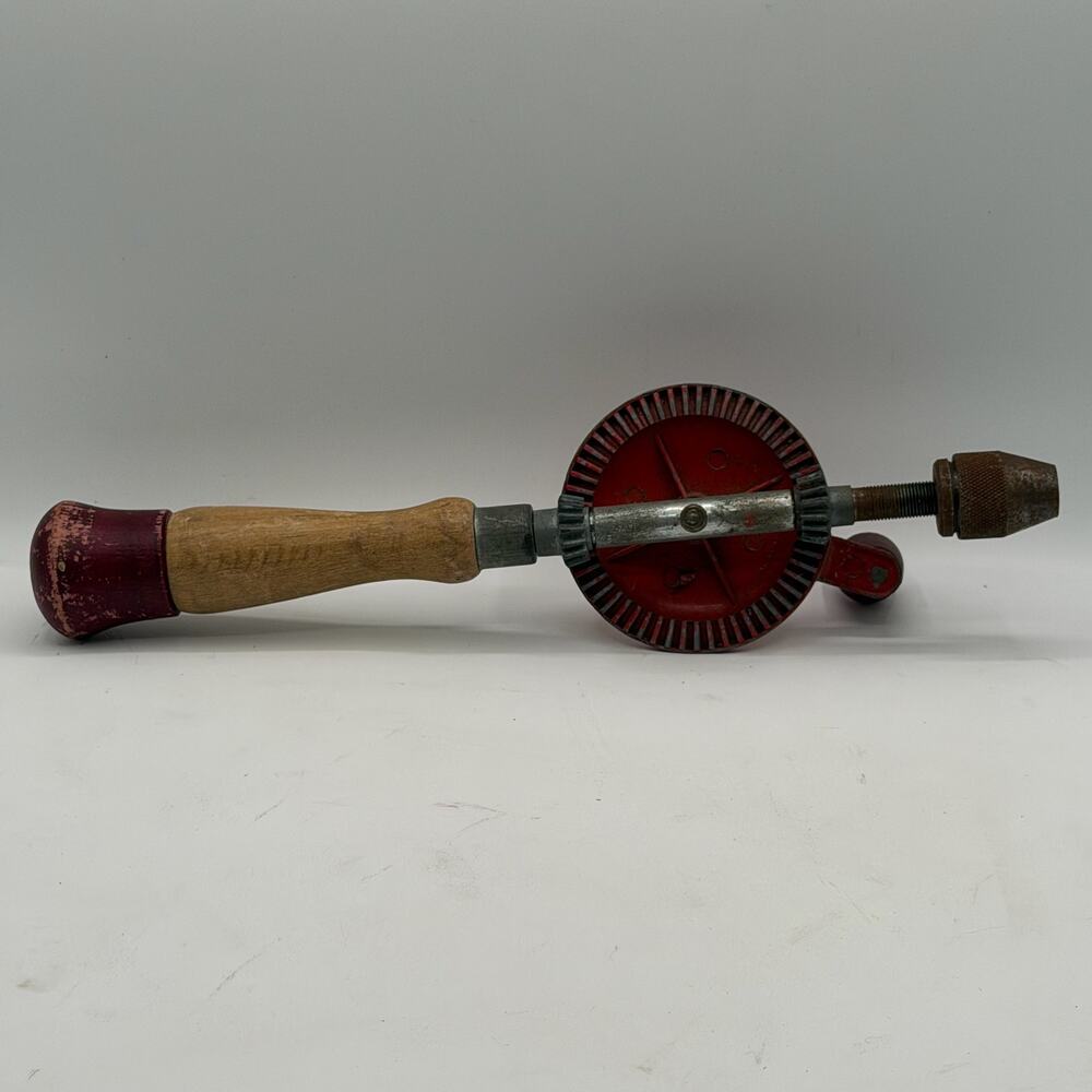 Vintage 12" Red Hand-Crank Eggbeater Manual Hand Drill with Wood Handle